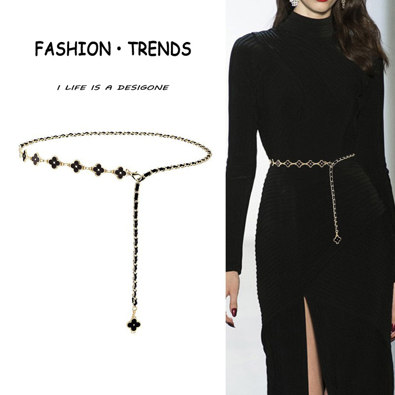 Fragrant Style Waist Chain Accessories Women's Summer Metal Four-leaf Clover Two-sided Available Splicing Chain All-match Thin Chain Belt Pants Chain