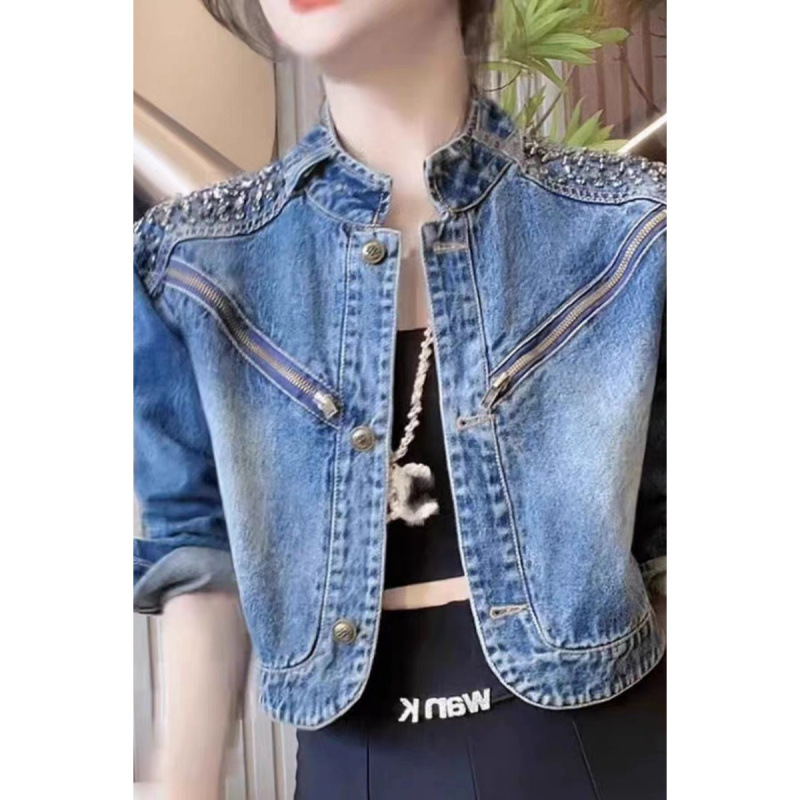 Denim short coat women's 2024 new autumn stand collar European diamond-studded short women's clothing high-end unique