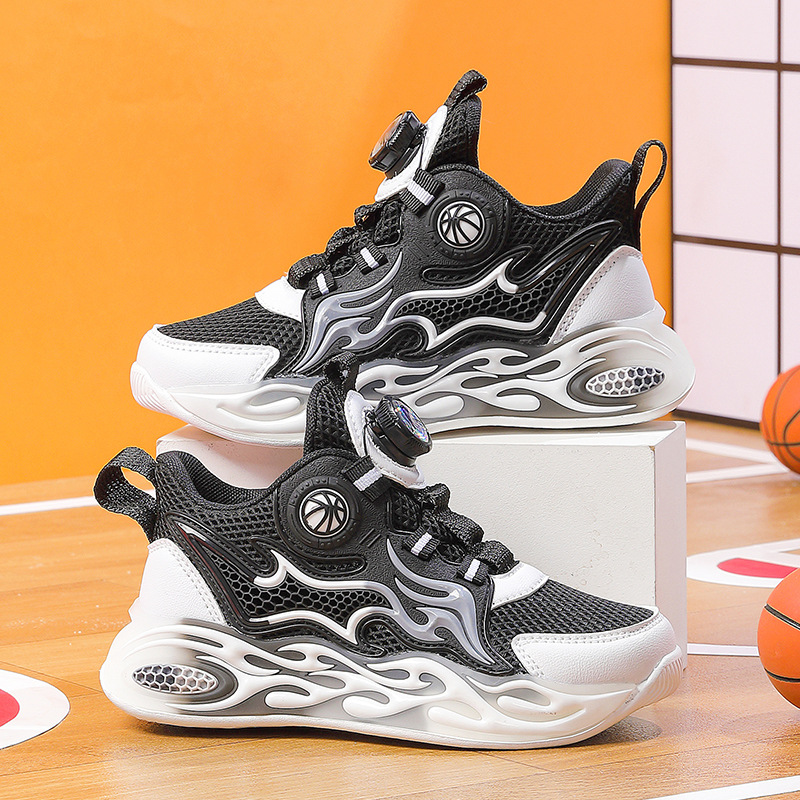 2025 New Boys' Basketball Shoes with Rotating Buckle, Non-Slip Children's Shoes, Autumn Mesh Breathable Student Sports Shoes for Older Children