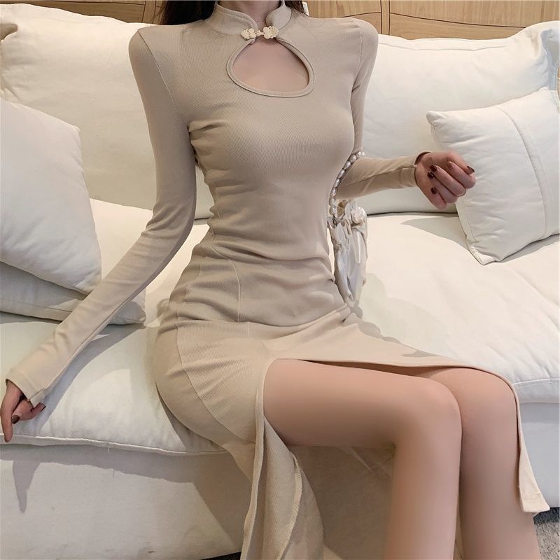 Picture of Yujie Fan Elegant European and American Style Sexy Long Sleeve Skirt Hollow Split Slim-fit Slim-fit Base dress Long Skirt Trendy