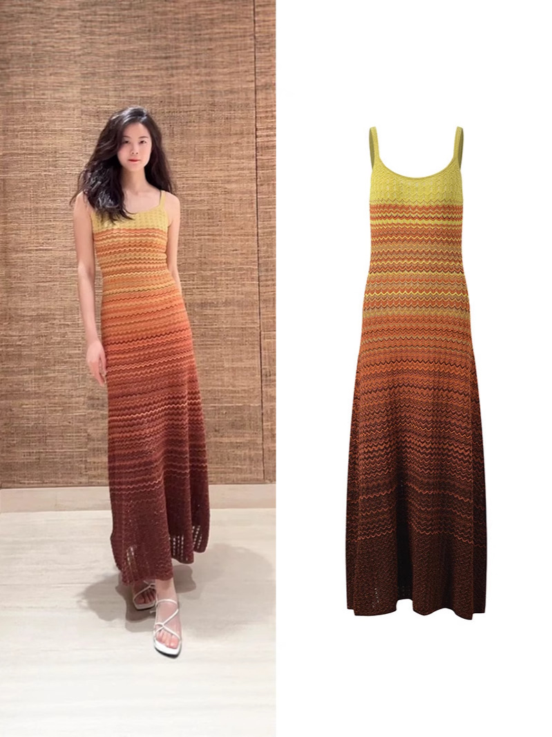 Cross-Border French Retro Gradient Striped Knitted Dress Sleeveless Suspender Skirt Slim Waist Slimming Sweater Skirt