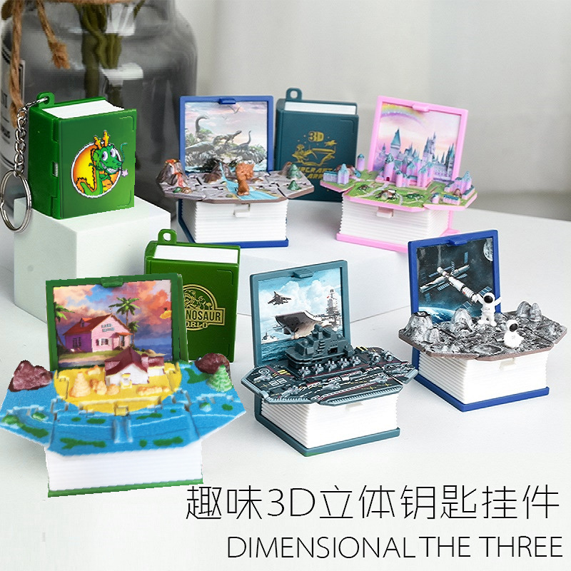 Keychain Dragon Ball basketball book keychain Castle battleship dinosaur spaceman 3D three-dimensional folding pop-up book