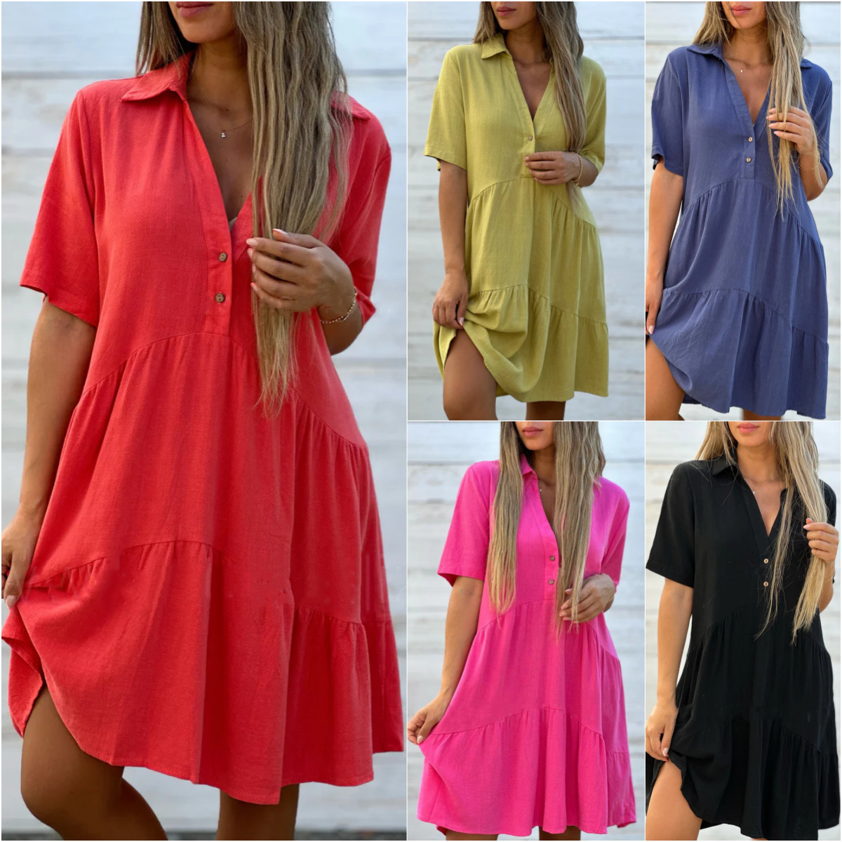 Cross-border Trade European and American Women's Clothing Amazon Skirt Loose Solid Color Lapel Casual Short-sleeved Cotton and Linen dress