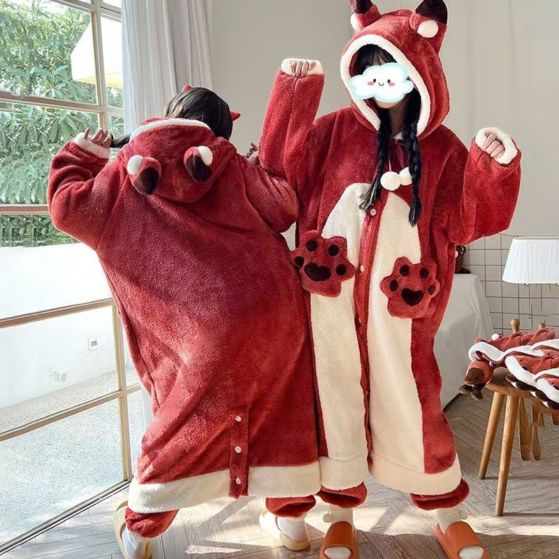 Coral Fleece Nightgown Women's Plush Autumn and Winter New Small Fox Winter suit Thickened Hooded Nightgown Cute Bathrobe