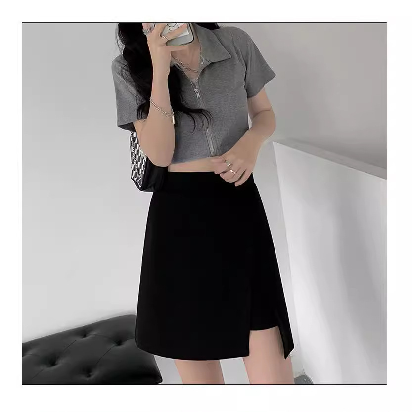 Black Short Skirt Women's Summer Anti-slip Split Suit Skirt High Waist Slim A- line plus size Hip Skirt