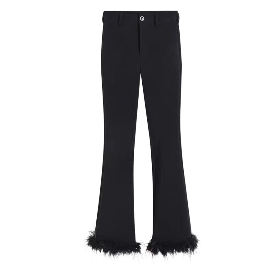 Black High Waist Feather Flared Pants Women's Ostrich Hair Design Sense Niche Hip Suit Casual Pants for Autumn 2023