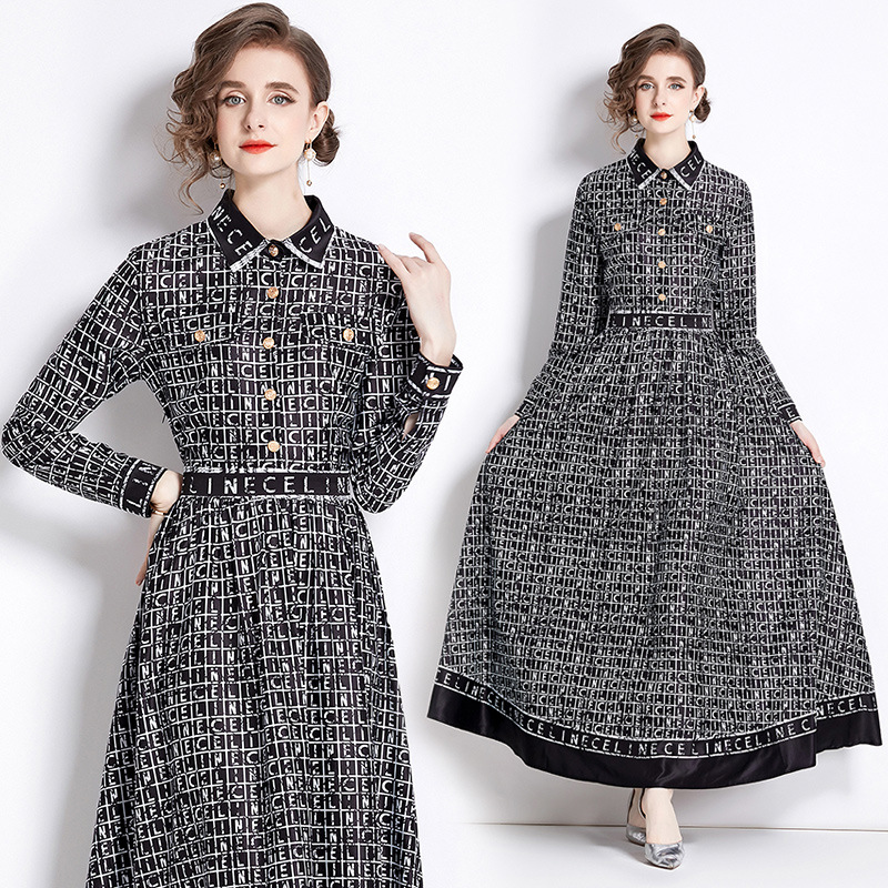 Cross-border new women's clothing in stock European and American fashion all-match waist slimming positioning Printing Dress