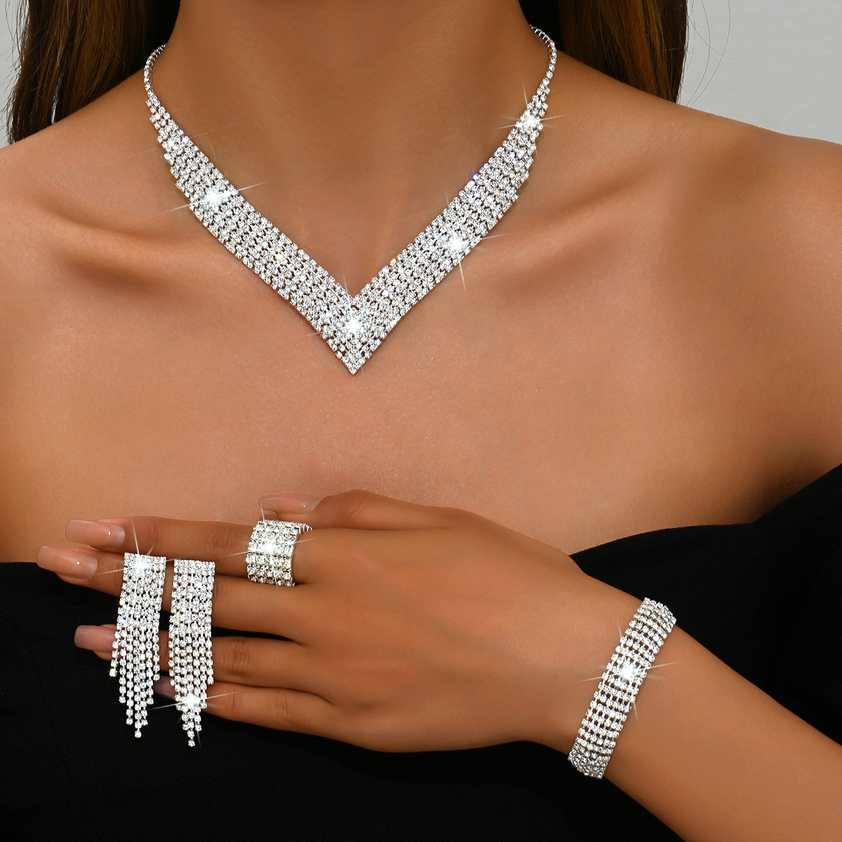 Advanced Design Sense Diamond Super Flash Necklace Tassel Earrings Bracelet Ring suit Bridal Fashion Jewelry Set