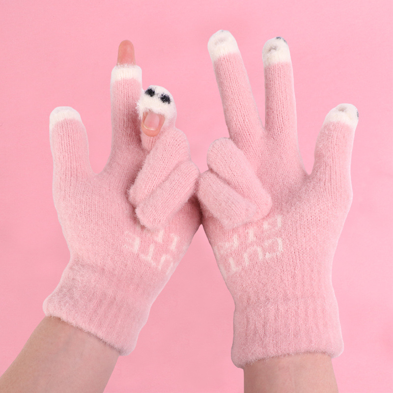 Women's winter New open finger thickened warm fleece-lined cute student cold-proof wool finger touch screen gloves