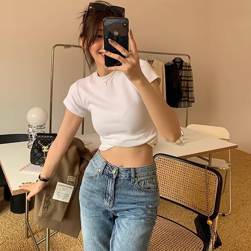 Picture of Solid Color T-Shirt Women's Tight Shoulder Short-Sleeved 2024 Summer Round Neck Pure Cotton Slim-Fit Even Stacked Short Top