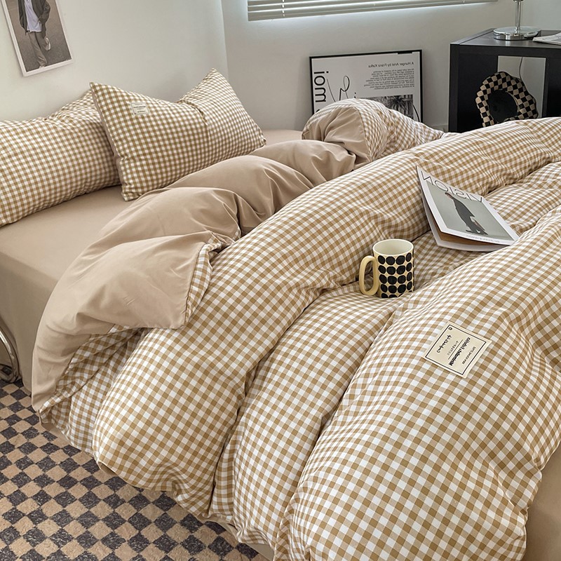Japanese-style Four-season Plaid Naked Sleeping Four-piece Set Student Dormitory Three-piece Set Washed Cotton Quilt Cover Bedding and Fitted Sheets