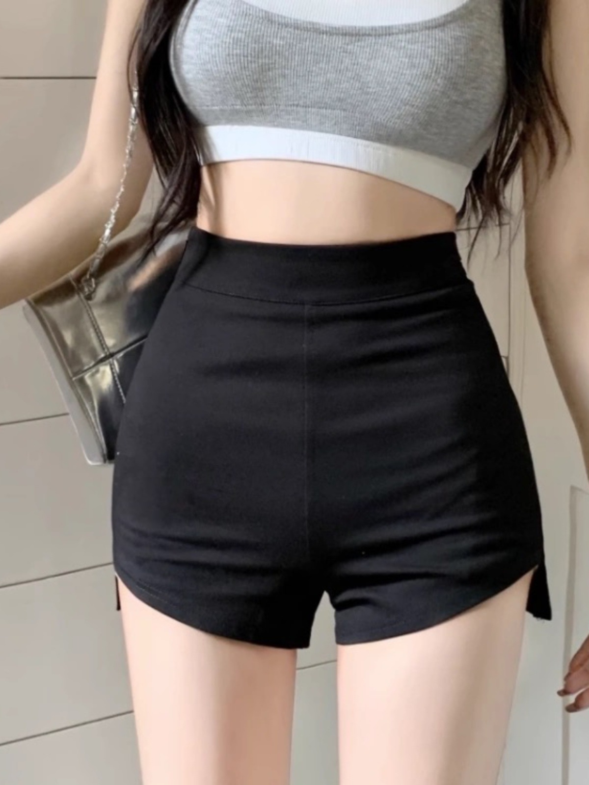 Picture of Black Hot Girls Super Shorts Women's High Waist Slimming Casual Pants Summer Design Sense Slim-fit Hip Wrapped Hot Pants Short Trendy Pants
