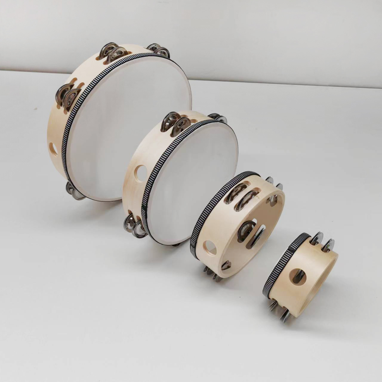 Picture of Wooden Double Row Tambourine Kidsren's Tambourine Percussion Instrument Imitation Goatskin Hand Drum Rattle Orff Musical Instrument Teaching Aids
