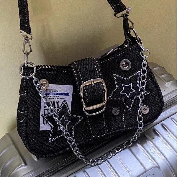 New Millennium Spice Moto Star Denim Underarm Bag Retro Button American English Shoulder Chain Bag