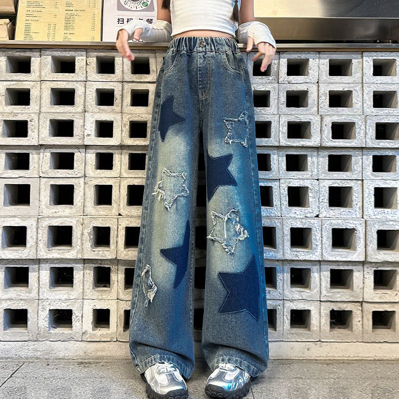 Picture of Girls' Autumn Pants 2025 New Korean Style Middle and Big Kids Loose Fashionable Cloth Embroidered Five-pointed Star Wide-leg Pants