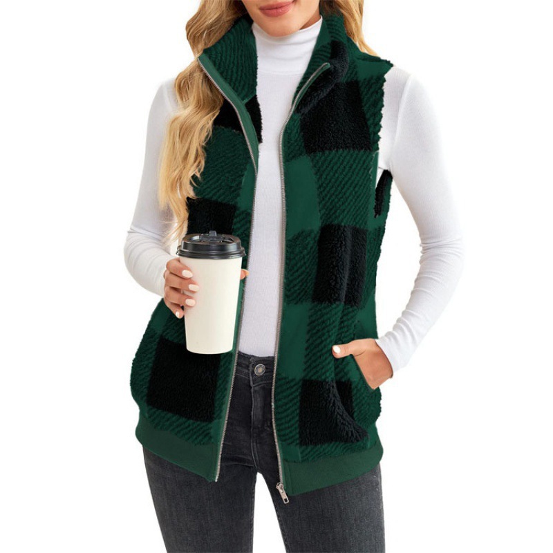 Spring and Autumn Coat Spring and Autumn Plaid Comfortable Velvet Cardigan Stand Collar Vest Coat Cross-border Women's Clothing