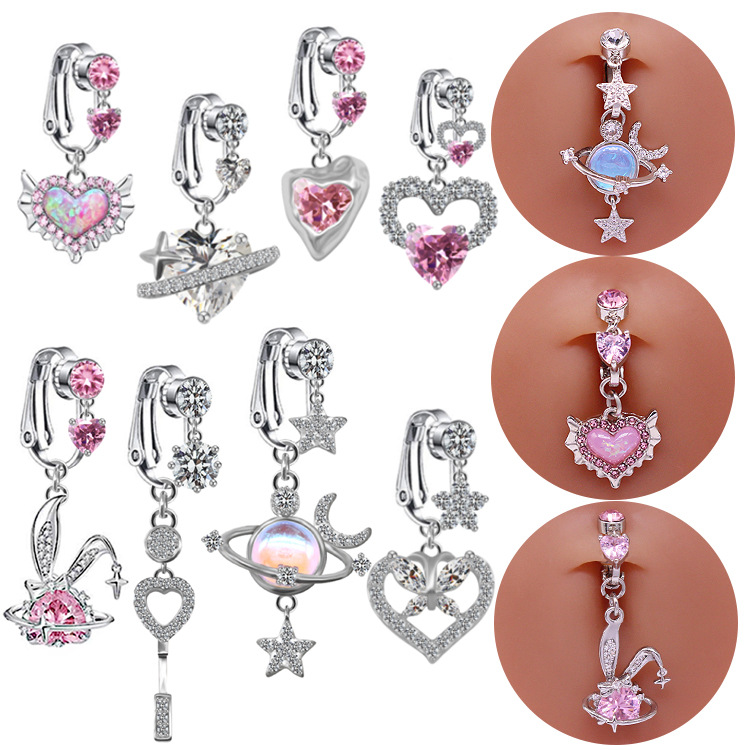Gaby European and American Cross-Shaped Navel Ring Planet Moon Navel Ring Navel Ornament Rabbit Heart Non-Porous Navel Nail Ear Clip Dual Use