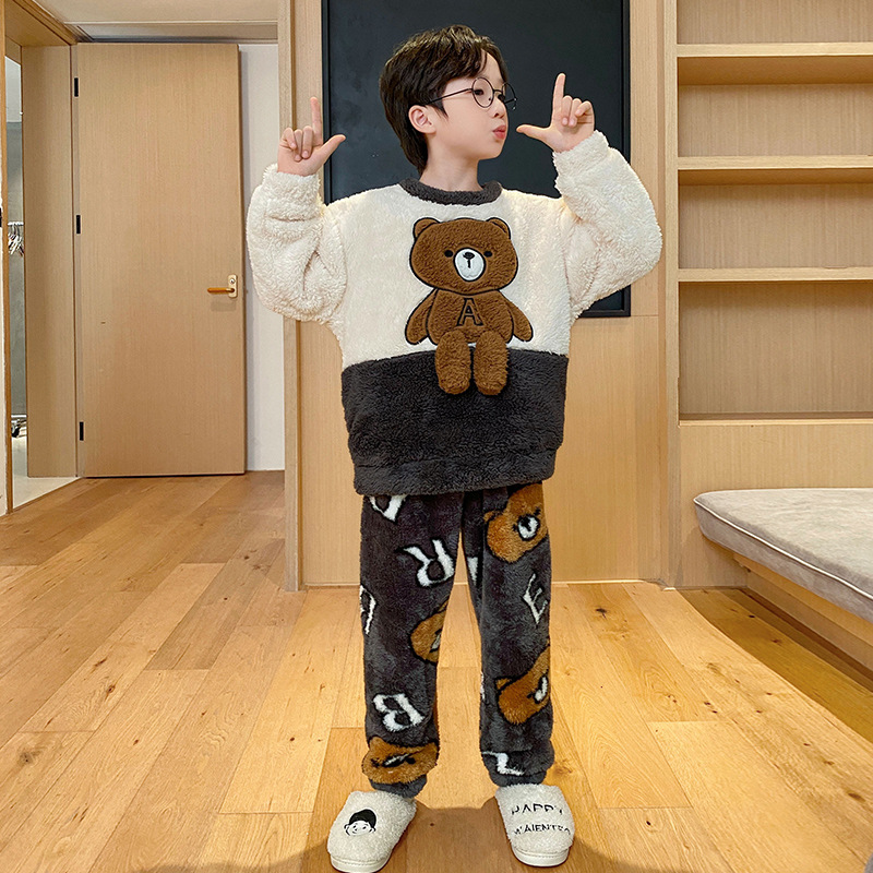 Picture of Autumn and Winter Plush Children's Pajamas Boy's Cute Cartoon Thickened Warm Coral Fleece Children's Home Clothes