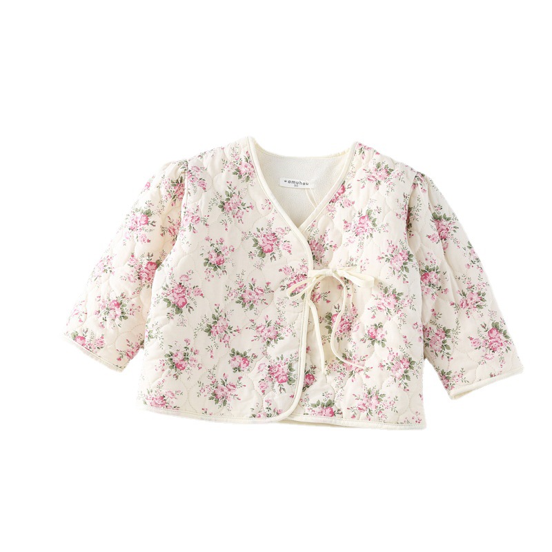 Picture of Girls' autumn and winter thickened cotton-padded fleece floral cotton-padded coat 2023 new Korean style fashionable lace-up cotton-padded jacket for baby girls