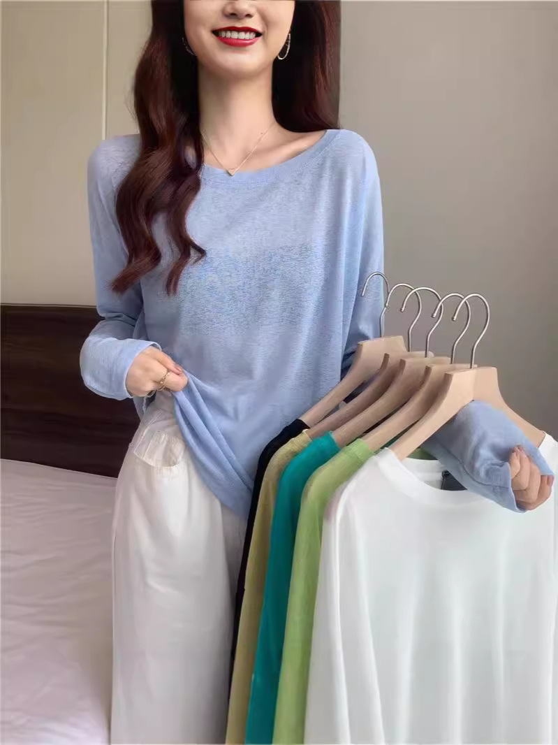 Black Pullover Ice Silk Sunscreen Blouse Women's Summer Loose All-match Long-sleeved T-shirt Women's Outer Wear Thin Top