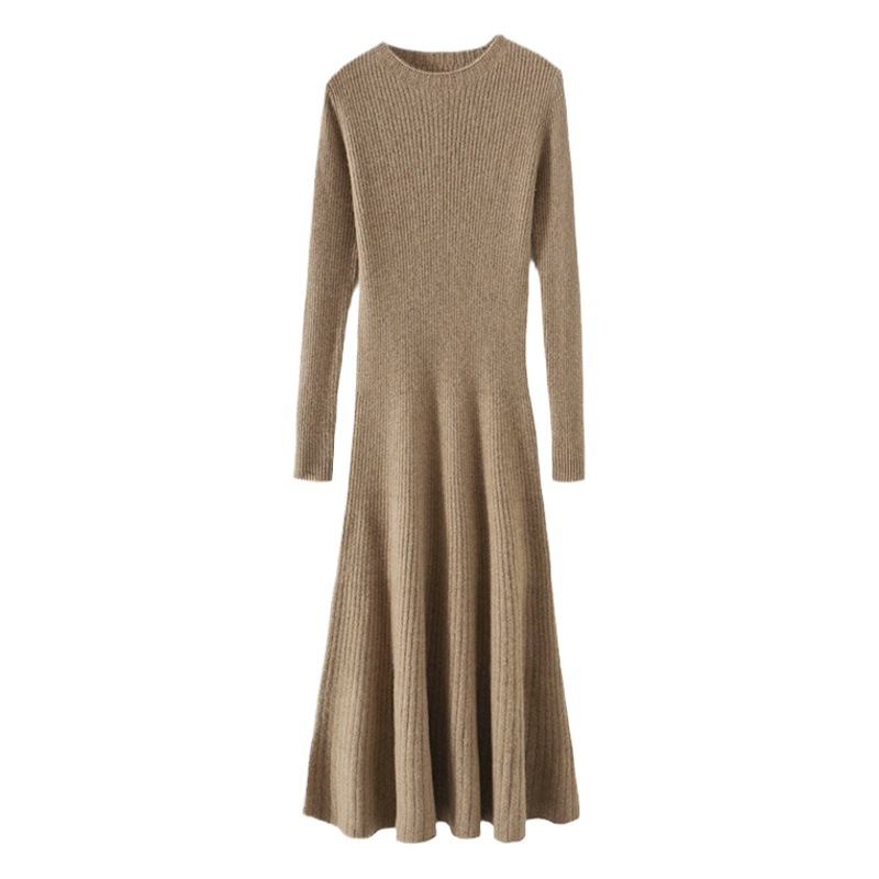 French Wool Dress for Women 100 Pure Wool Bottoming Long Skirt Slim Long-Sleeved Cashmere Sweater Skirt Autumn and Winter New Style