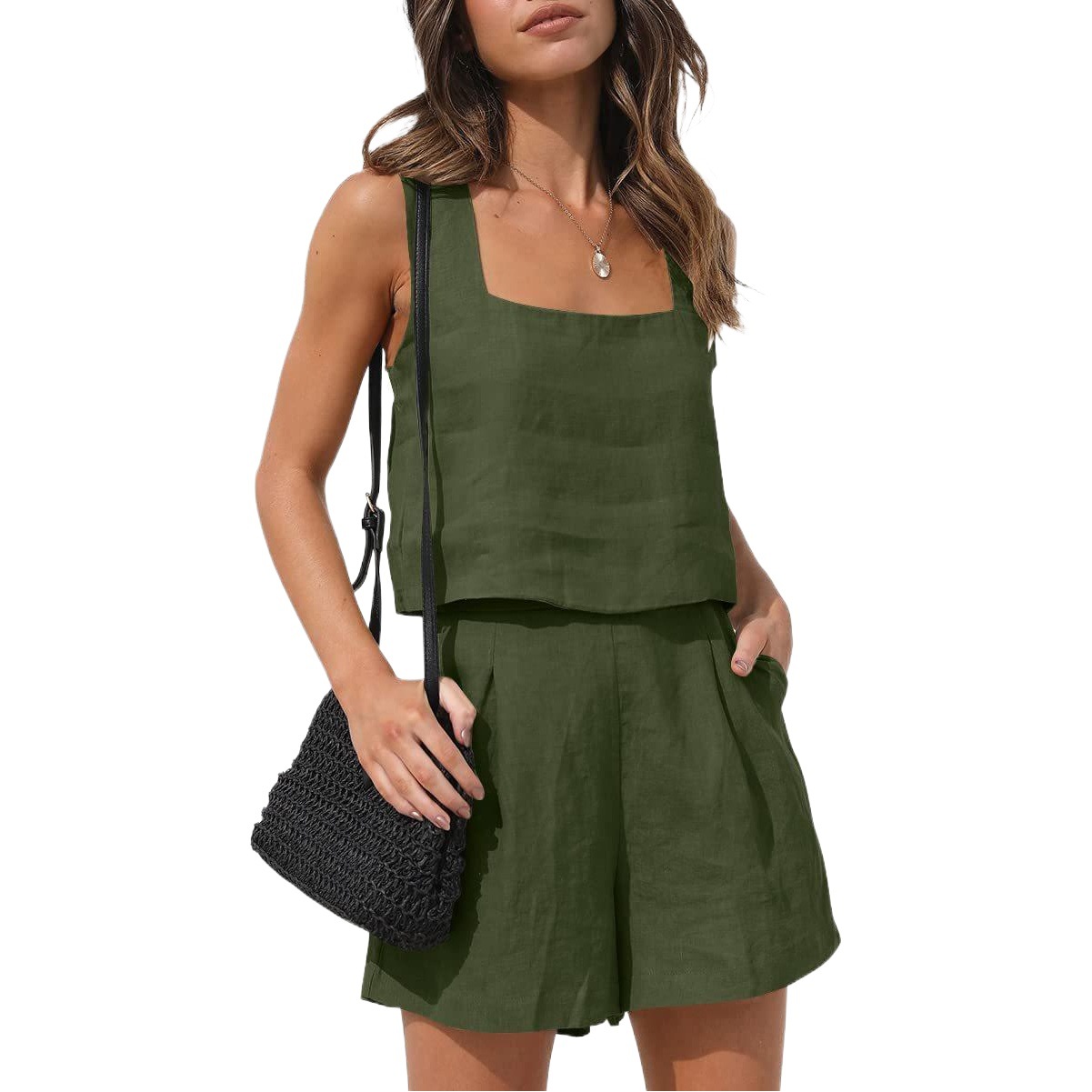 2024 Amazon New European and American Style 2-Piece Casual Suit Linen Shorts Sleeveless Top Vest