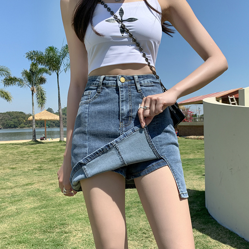 Denim Short Skirt Women's New ins Summer High Waist Split Elastic Half-length Retro Hip-wrap Skirt Anti-glare A- line Pants Skirt