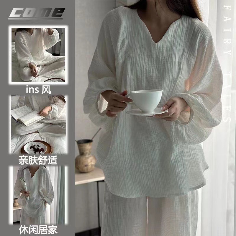 Korean style white long sleeve bubble wrinkle pajamas women's spring and autumn loose casual trousers sweet princess style home suit