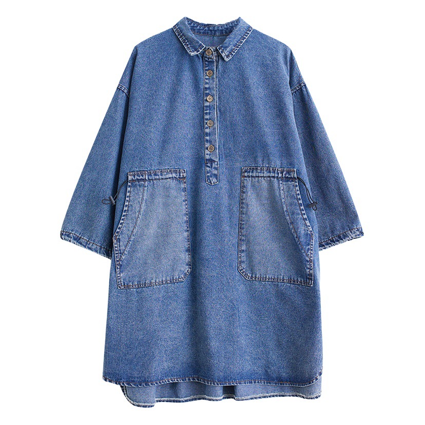 Picture of Spring and Autumn New Denim shirt skirt plus size distressed retro top drawstring large pocket loose meat covering dress