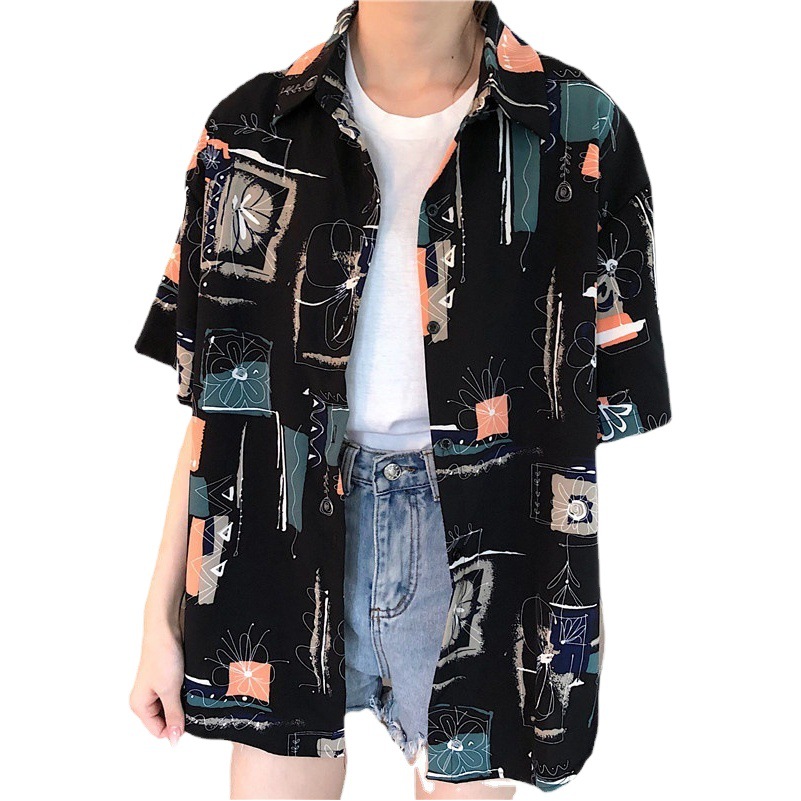 Trendy Brand Hawaiian Shirt Retro Hong Kong Style Loose Thin Japanese Style Short Sleeve Top Beach Vacation Cardigan for Men and Women