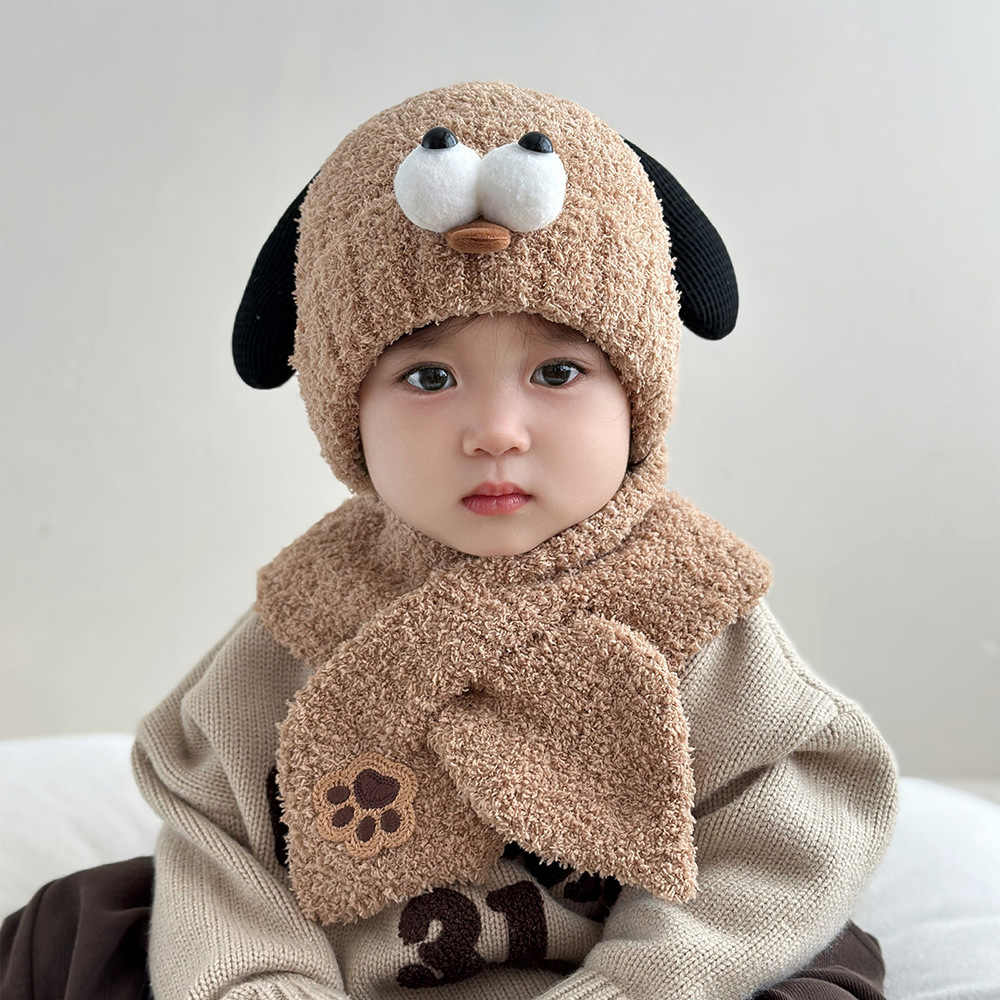 Puppy Baby Hat Scarf Two-piece Autumn and Winter Baby Cute Warm Winter Cold-proof Ear Protection Plush Children's Hat