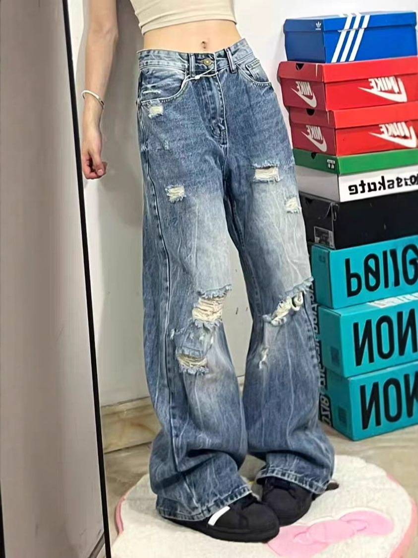 Picture of Ripped plus-size wide-leg jeans women's American summer new loose and versatile fashion high-waisted floor-length straight trousers