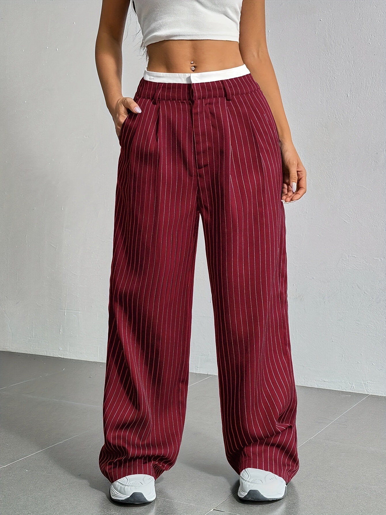 Picture of 2025 Spring and Summer New Cross-border Design Sense Pants Casual High Waist Stitching Pants Simple Dosing Sense Loose Straight Leg Pants