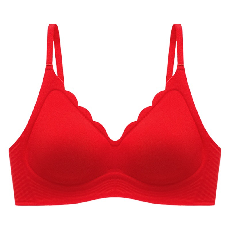 One-piece seamless red wedding bridal underwear big chest small thin chubby girl large Cup ruffled bra