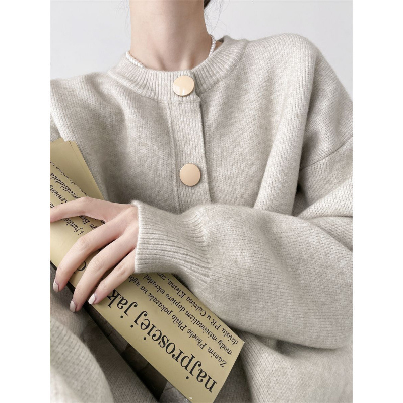 Design sense Single-breasted solid color knitted sweater women's coat cardigan Lazy style loose crew neck spring and autumn long-sleeved top