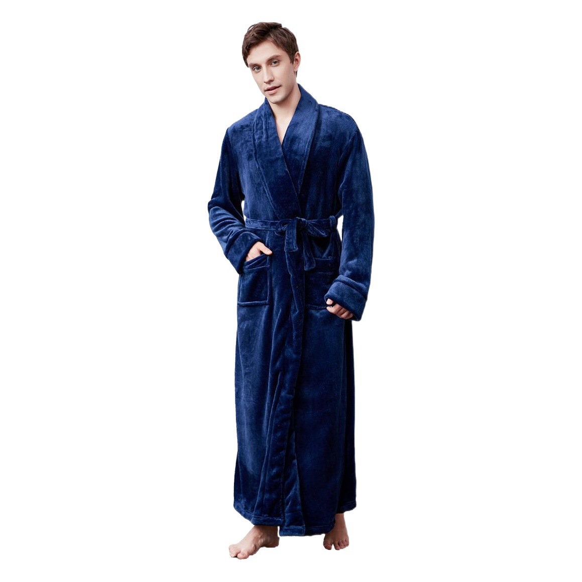 Cross-border autumn and winter thickened lengthened flannel solid color green collar lapel home wear coral fleece nightgown one-piece delivery
