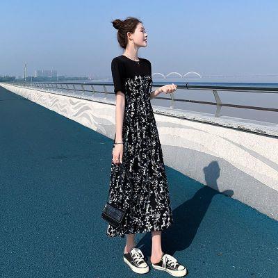 Dress Women's 2023 Summer New Hepburn Style Mid-length Stitching Floral Dress High Waist Slim Beach Dress