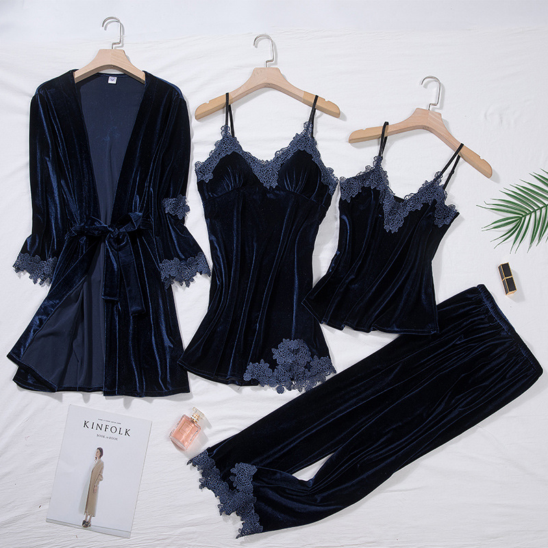 Picture of Velvet Pajamas for Women, Autumn and Winter Lace Nightdress, Camisole Robe Four-Piece Set, Long-Sleeve Loungewear, Thickened and Warm