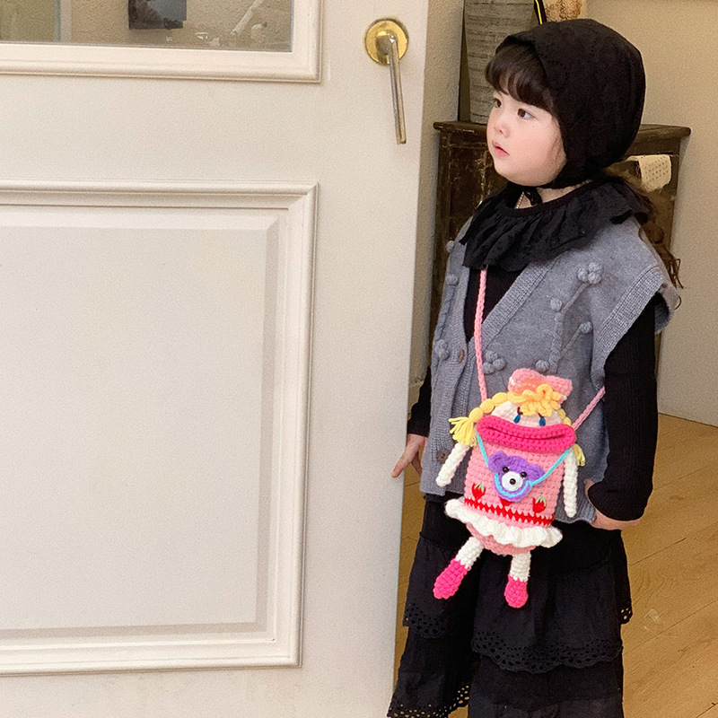 Picture of Children's Bag Autumn and Winter New Cute Wool Bag Finished Korean Hand-woven Pink Big Mouth Girl Mobile Phone Coin Purse