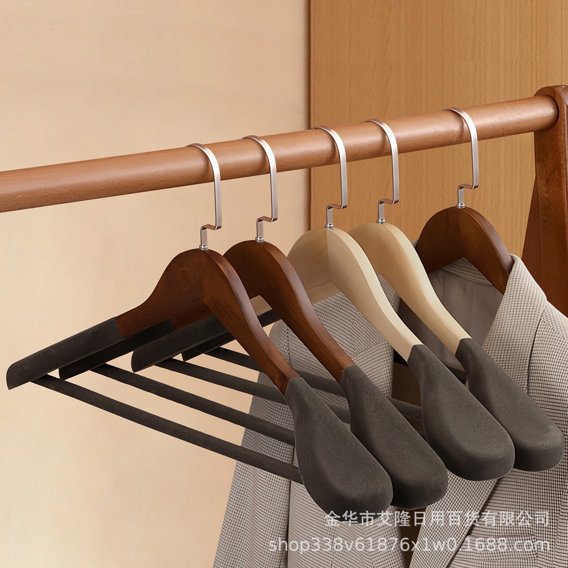 Picture of High-grade solid wood wide shoulder flocking hanger household coat suit seamless hanging clothes support solid wood hanger wholesale