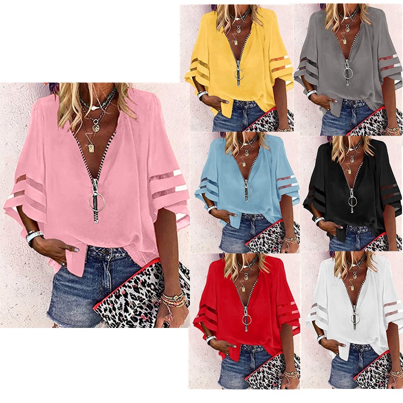 2025 European and American Amazon New V-neck Zipper Shirt Half Horn Sleeve Mesh Stitching Loose Casual Shirt Women