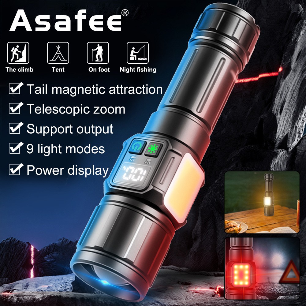 New outdoor strong flashlight 30W white laser COB side light with digital display retractable focusing high-power flashlight