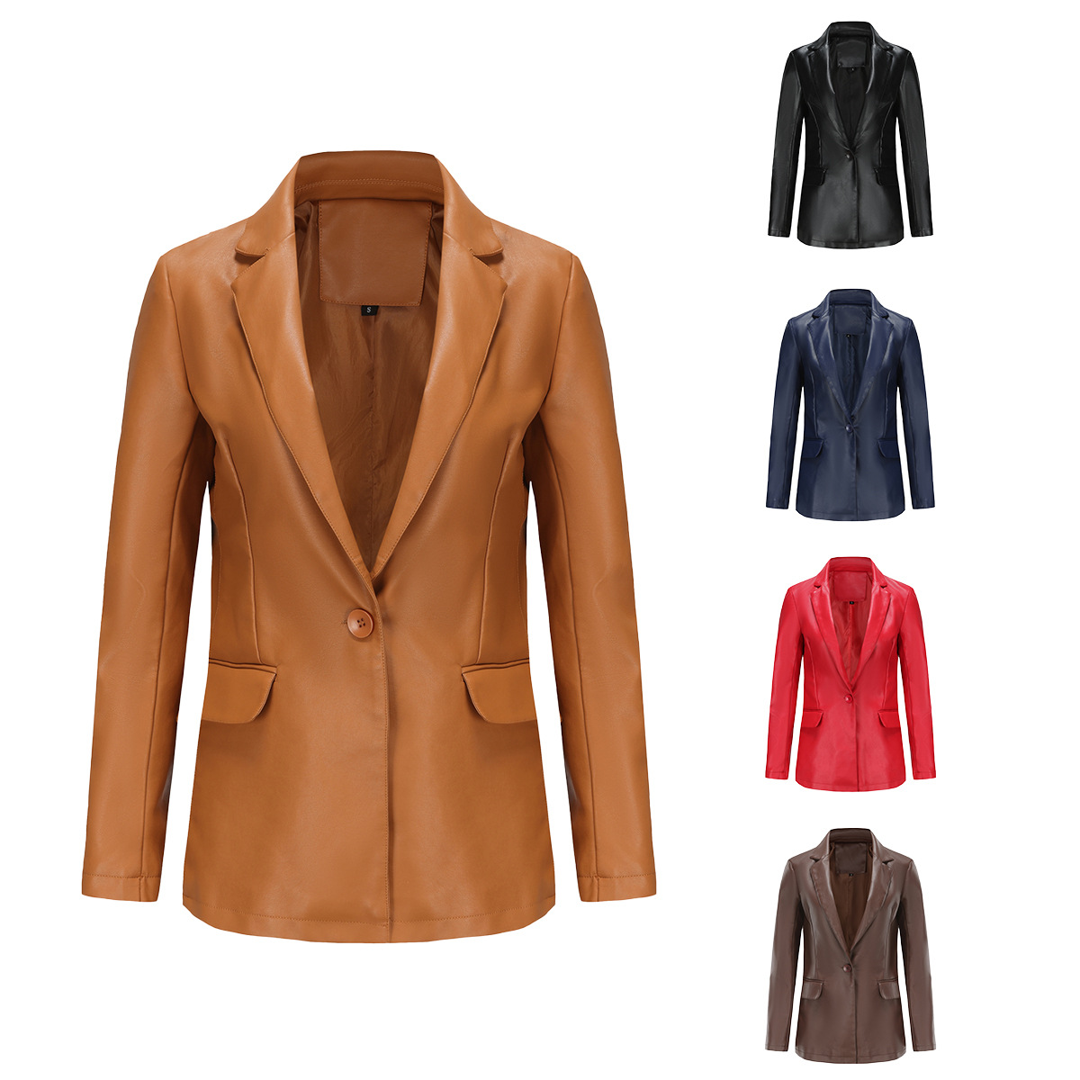 Picture of 2023 real shot new European and American small suit cross-border long sleeve coat women's single grain buckle commuter casual solid color leather coat