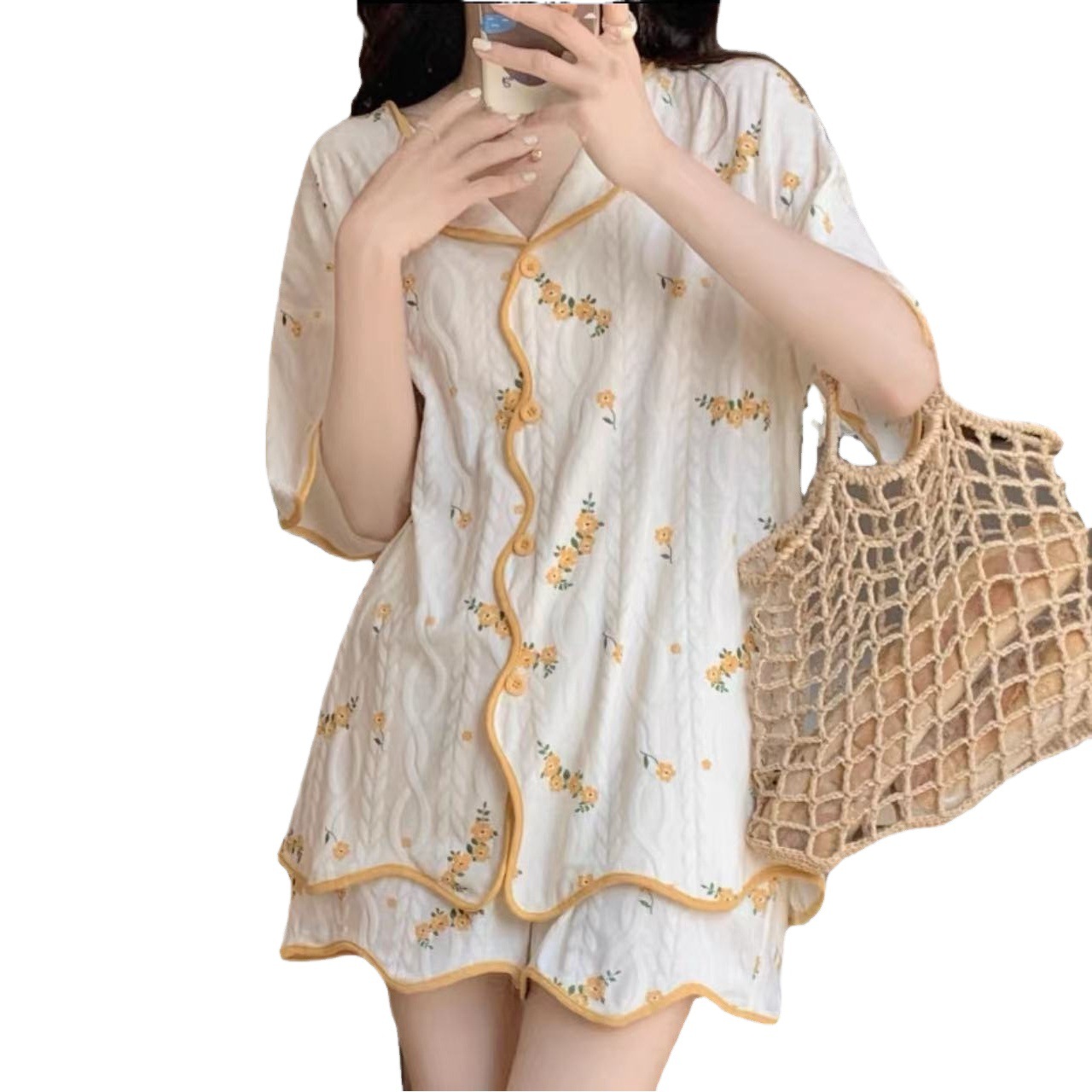 Pajamas Women's Summer Short-sleeved Cardigan Thin suit 2025 New Summer Fresh Loose Outer Wear Home Clothes