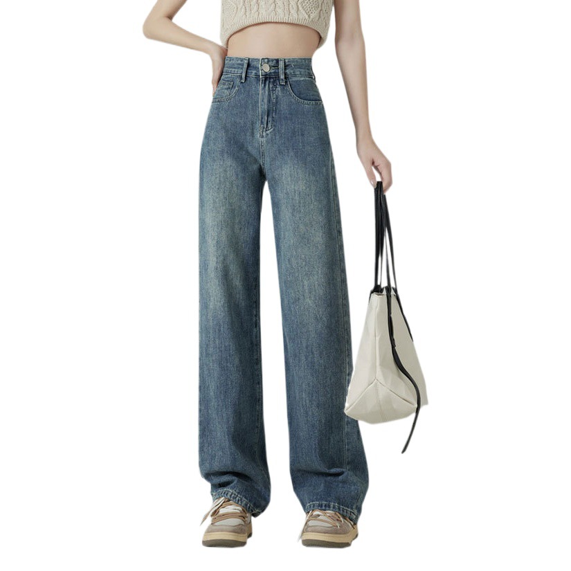 Plus size retro vibe style casual high waist mopping jeans women's meat-covering nostalgic straight draping loose long pants