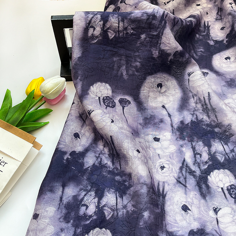 Purple Mist Lotus New Chinoiserie National Style Tencel Jacquard Fabric Han Dynasty Cheongsam Dress Fabric Handmade DIY Fabric