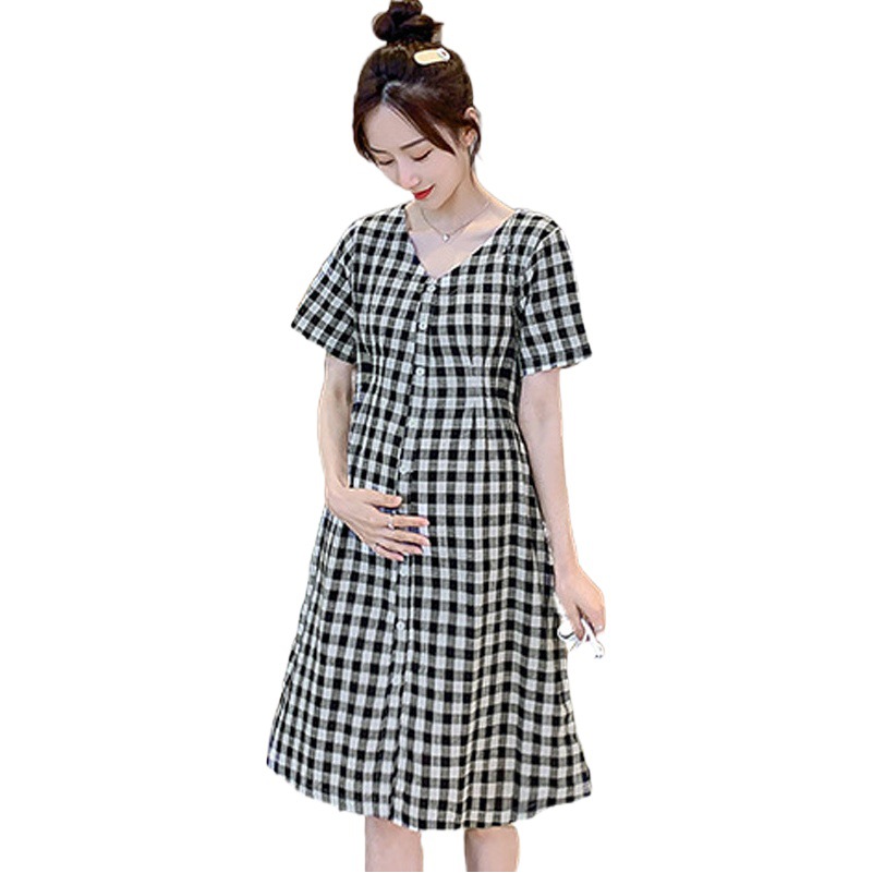 Maternity Wear New Dress Plaid V Neck Korean Style Summer Mid-Length Short-Sleeved Loose Slimming Look Work Clothing Dress