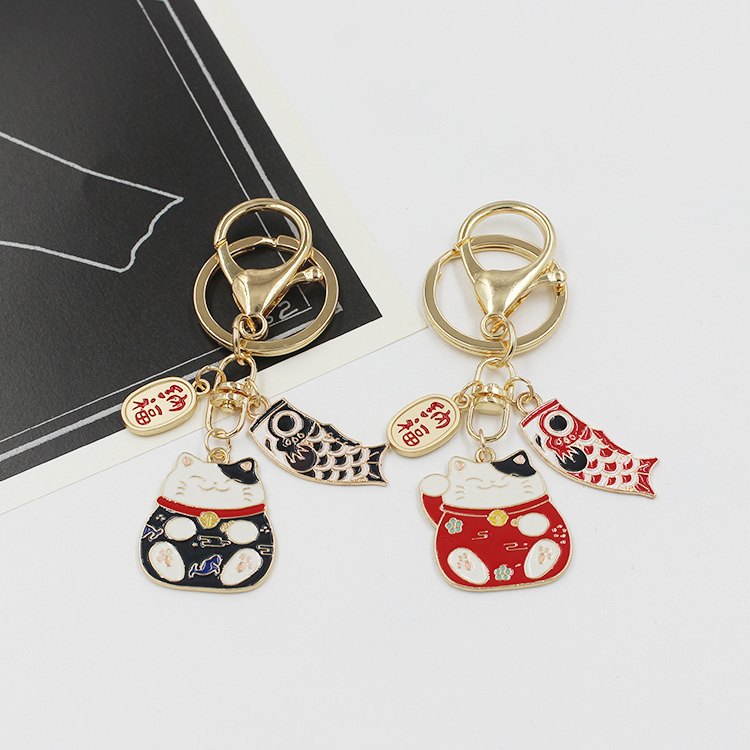 Japanese Lucky Cat Keychain Oil Dropping Alloy Nafu Koi Cat Car Ring Creative Pendant Gift Bag Pendant