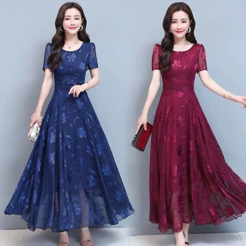 Short-sleeved printed dress women's 2024 summer new Korean-style elegant waist slimming long skirt