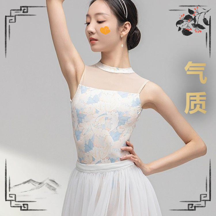 Elegant Sleeveless Ballet Printed All-in-one Suit Chinese Dance Practice Suit Female Adult Vest Body-based Training Suit